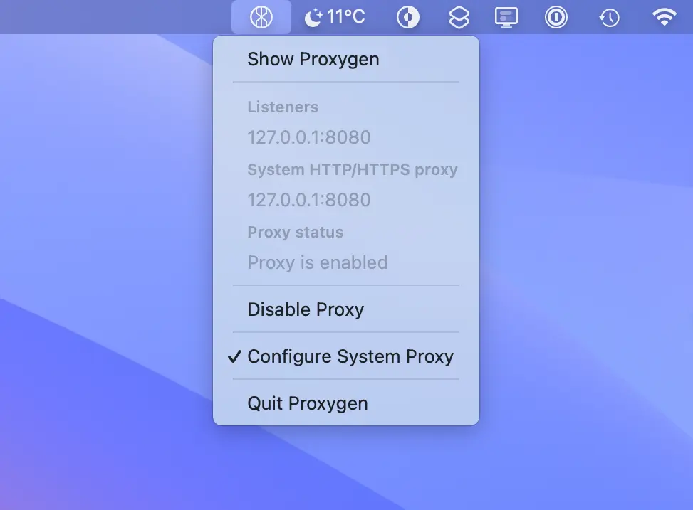 Proxygen menu bar item showing listener addresses, system proxy state and proxy status, with controls to enable the proxy and toggle system proxy configuration
